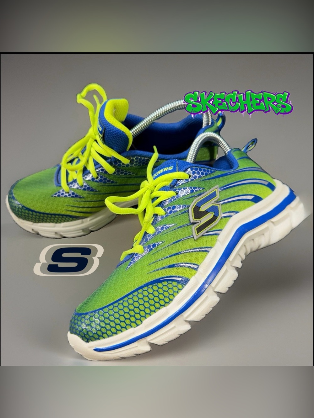 Skechers Youth Size 4 Green Blue Neon Yellow S Logo Running Shoes Sneakers Kids